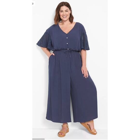 Lane Bryant Jumpsuit Plus Size 18 Blue Short Flutter Sleeve V-Neck Elastic Waist - Picture 1 of 7